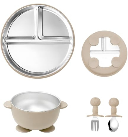 Oskuglin Set Vaisselle Bébé 4 Pièces en Acier Inoxydable Assiette Dès 6 moi