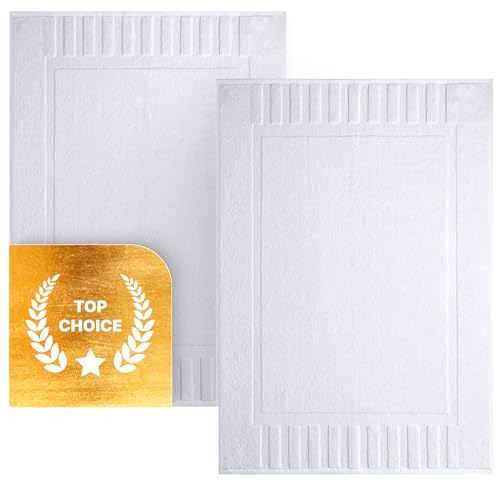White Classic Set of 2 Bath Mats for Bathroom Floor, 86 x 56 cm Terry Cloth Hotel Styles Bath Mat 2 Pack, White Reversible Bath Towel Mats, Machine Washable Shower Bathroom Floor Towels, White