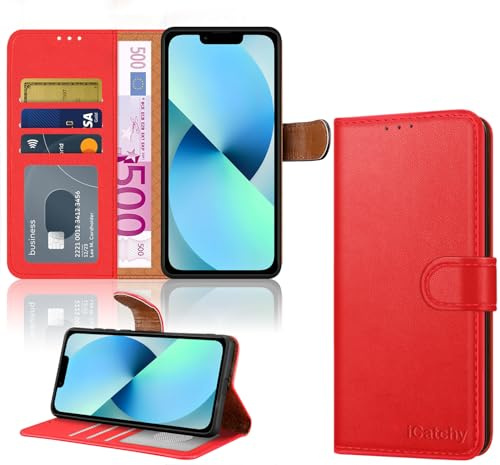 iCatchy for iPhone 13 Case, Premium Leather Wallet Case with [Card Holder] and [Kickstand], Magnetic Flip Protective Phone Case Cover for iPhone 13 (6.1-Inch) - Red