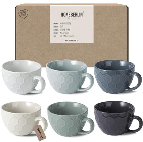 HOMEBERLIN® Design Cappuccino Tassen Set - 200ml Kaffeetassen 6er Set - Premium Kaffee Tassen Set aus hochwertigem Steingut - 6 moderne Kaffeetassen aus 100% Handfertigung - Dickwandige Kaffee Tasse