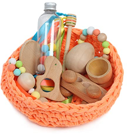Cesto tesoros bebé. Cesto sensorial bebé. Juego estimulación sensorial Montessori para bebés entre 4 y 18 meses. ¡Más que un juego para el aprendizaje de tu bebé! COLOR NARANJA FLÚOR