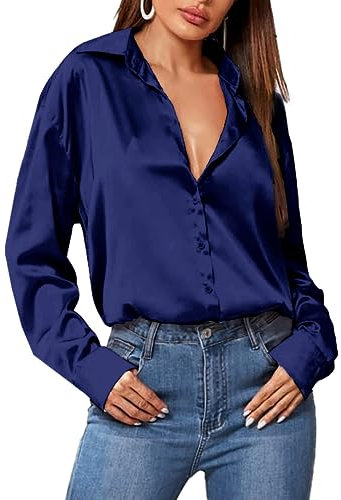 Zeagoo Damen Satin Bluse V-Ausschnitt Langarm Seidenbluse Elegant Satinblusen Causal Oberteil Langarmshirt Business Hemd Marineblau S