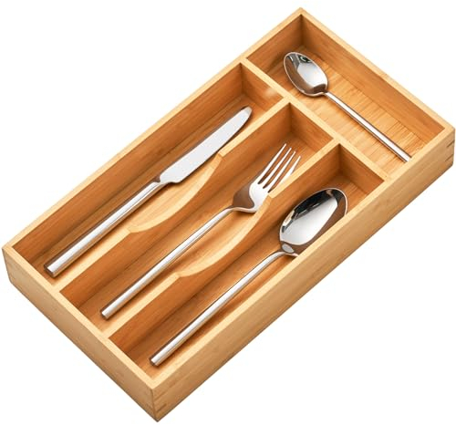 Umilife Bamboo Kitchen Drawer Organizer, 7 Inch Silverware Utensils Tray Holder for Small Drawer, Wood Caddy for Flatware Cutlery Knives