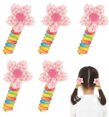 5pcs Telephone Wire Hair Bands for Kids, Colorful Phone Cord Hair Ties Spiral Flower Sequin Stretchy Pony Hair Holder Telephone Line Hair Bands Accessories for Women Girl