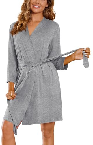 Ekouaer Bathrobes for Women Lightweight Nightwear Knee Length Soft Robes Short Lady Robe with Pockets Light Grey XL