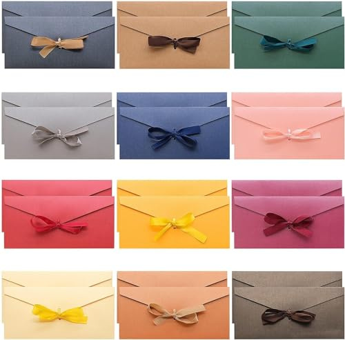 24 Pezzi Busta Lettera, 22 × 10,8 cm Buste Lettere Kraft Colorate, Bellissime Buste con nastri per inviti Matrimonio, Compleanno, Natale