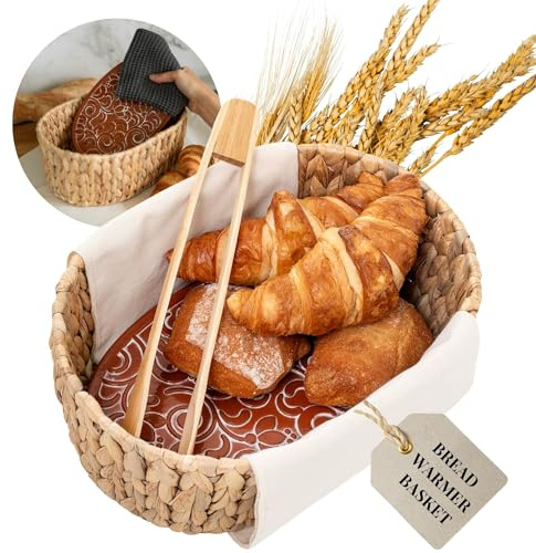 Premium Bread Basket with Warmer – Woven Serving Basket with Terracotta Warming Stone & Tongs, Keeps Bread Warm Longer, Modern Table Basket for Bread, Rolls & Tortillas, Mothers day, Mothers day gift