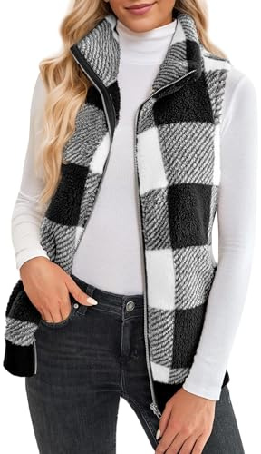 Maeau - Chaleco Forro Polar a Cuadros Mujer Sin Mangas Chaqueta Peluche Cálido Cremallera Chaleco Abrigo Forro Polar Slim Casual Otoño Invierno - Negro - M