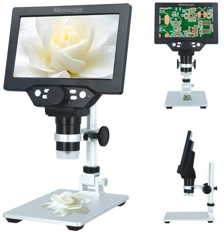 Digital Mikroskop 7-Zoll, 1080P 3000mAh USB Mikroskop Kinder, FHD-Videoaufzeichnung, 1200X Auflösung, 8 Einstellbare LED-Beleuchtungen für Erwachsene/Kinder