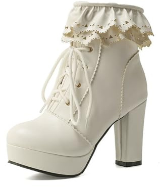 LMUIPMAA Chaussures Lolita Fête pour Femmes Talons Hauts Épais Bottines À Lacets en PU Fermeture Eclair Bottes Courtes À Plateforme,Blanc,47 EU