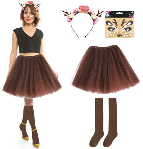 Jokureao Costume de renne pour femme - Jupe en tulle - Serre-tête - Autocollant pour le visage - Pour fête, carnaval