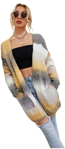 HEYPORK Damen Herbst Winter Warm Bequem Jacke Casual Mode übergangsjacke Mantel Frauen Pullover Regenbogen Mittlere Länge Strickjacke Tasche Gestrickt Jacke