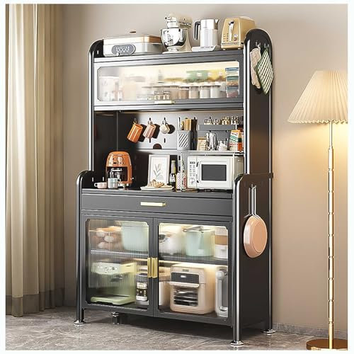 Estante de almacenamiento de cocina con cajón y estante ajustable, estante negro de 5 niveles, 179 x 80 cm, soporte multifuncional para microondas, buffet, cafetería, armario para almacenamiento de