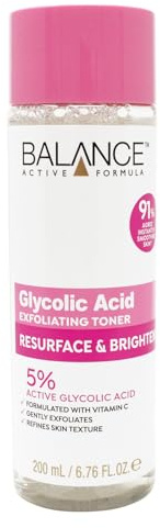 Balance Active Formula 5% Glycolic Acid Exfoliating Toner with Vitamin C 200ml, Gentle Daily Glow Toner for Smoother, Brighter Skin, Refines Texture & Prevents Blemishes