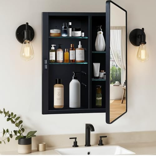 KIMREAL Black Medicine Cabinet 16x20 inch, Bathroom Mirror with Storage, Recessed or Wall Mounted Farmhouse Cabinets, Metal Framed, Adjustable Shelves, One Door Open Left or Right
