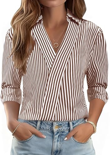 LOMON Blouses for Women Dressy Casual V Neck Work Tops 3/4 Sleeve Dress Shirts 2026 Spring Summer Fashion Outfits (Brown White Stripe,S)