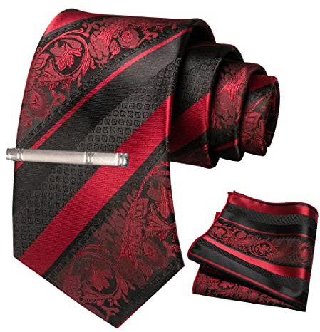 JEMYGINS Cravate Homme Bordeaux Rouge en Soie Rayures et Impression Mariage et Pinces à cravate et Carre de poche Ensemble Compris boîte(5)