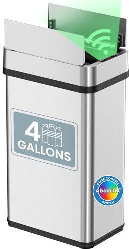 iTouchless 15 Liter / 4 Gallon Stainless Steel Wings Open Lid Sensor Bathroom Trash Can, Touchless Automatic Operation, Compact Design for Home, Office, Restroom, Kitchen, Bedroom