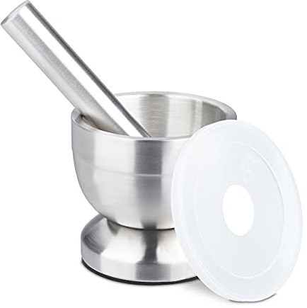 relaxdays Mortaio e Pestello, in Acciaio, Erbe Aromatiche e Spezie Volume: 200 ml, con Coperchio, D: 10 cm, Argentato