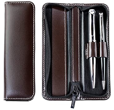 DELMON VARONE - Schreibgeräte Etui Premium Cambridge Top Grain Leder Braun - Echtleder Stifteetui mit Reißverschluss für 2 Schreibgerät - Federmäppchen Federetui für Kugelschreiber oder Bleistift