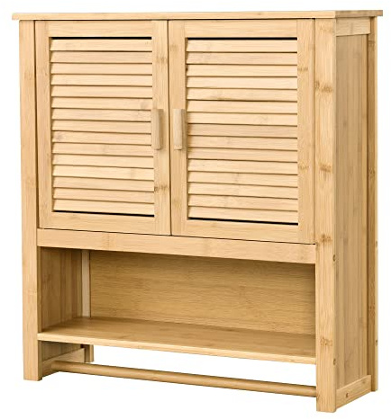 [en.casa] Badezimmerschrank Tyresö Bambus Hängeschrank Wandschrank mit Handtuchhalter Badschrank 3 Ablagen, 2 Türen stehend 66 x 62 x 20 cm