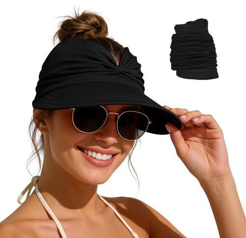 Zando Women's UPF 50+ Sun Visor, Wide Brim Black Beach Hat, Ponytail Hole