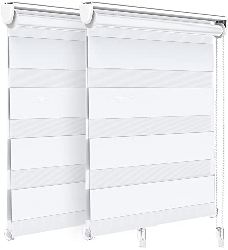 VOUNOT Set of 2 Zebra Roller Blind Double Fabric, Day and Night Translucent or Blackout Vision Curtains, No Drilling for Window and Door, White, 80 x 150 cm