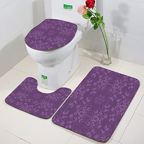 Rutschfeste Badematten 3 teiliges Set,Aubergine, wunderschöne wohlgeformte Blumen auf Lila Hintergrund Damast Blu,Hohe Wasseraufnahme, weiche Mikrofaser, WC-Vorleger, WC-Sockelmatte, maschinenwaschbar
