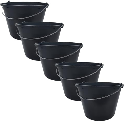 Lot de 5 seaux à Ciment Solides - 12 l - en Plastique - Noir - pour Jardin, Chantier, mortier