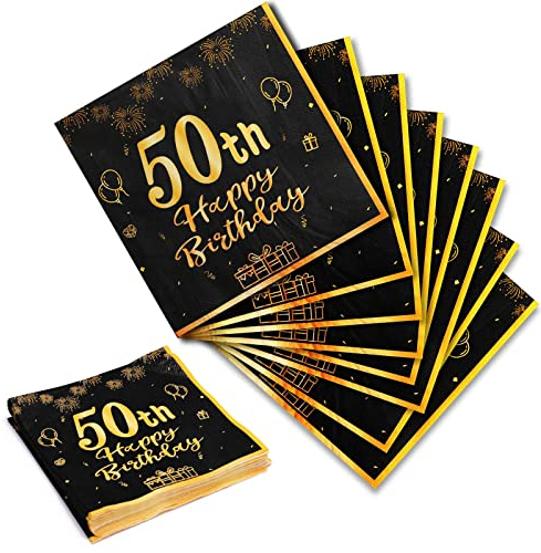 Geburtstag 50 Servietten, 20Stk Schwarze Gold Happy Birthday Servietten 33cm x 33cm Papierservietten für Mann Frau Mädchen Junge Geburtstags Deko Party Supplies Tischdekoration