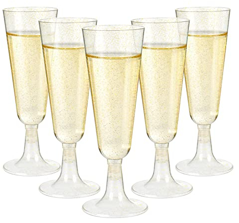 Czemo 50 copas de plástico rígido lavables de 150 ml de oro transparente, copas para champán y vino para fiestas, bodas, cumpleaños, Año Nuevo
