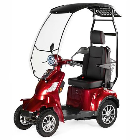 VELECO FASTER mit DACH und Kapitänssitz - 4-Rad Elektromobil - komplett montiert und fahrbereit - Dach mit Windschutzscheibe - sicher und stabil - Sicherheitsgurt - Mobilitätsroller (Rot)