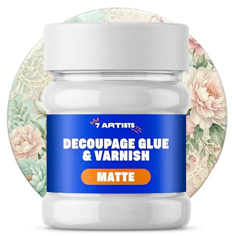 7 Artists Colla e Vernice per Decoupage Opaca 230 ml – Colla per Decoupage Trasparente | Fissativo & Finitura Protettiva per Legno, Ceramica, Vetro, Mobili Decorati con Carta di Riso, Tovaglioli