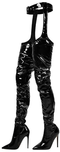 blingqueen Damen Overknee Chaps Stiefel Stiletto Chap Boots Metallic Lack Schwarz 44 EU