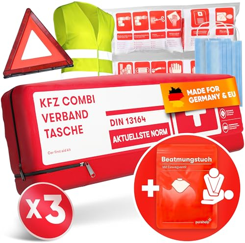 PURAHELP 3x KFZ Kombitasche nach aktueller Norm 2025 DIN 13164 (StVO konform) - Inkl. Warndreieck, Warnweste - Verbandskasten Warndreieck Set Auto Verbandskasten 2025