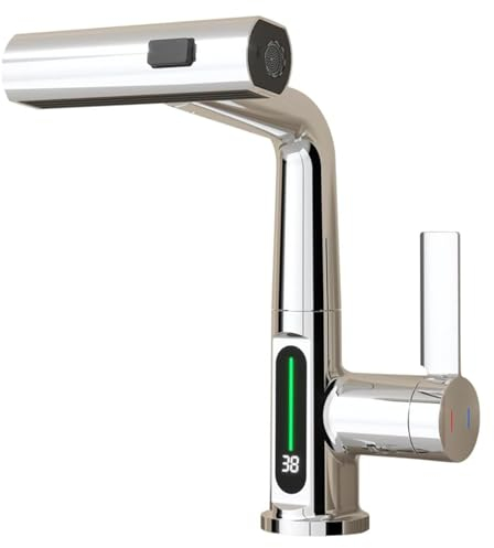 Wasserhahn Bad/Küche mit Ausziehbar Brause, LED Temperaturanzeige Waschtischarmatur Badezimmer mit 3 Modus Schwenkbarer Auslauf Einhebelmischer Wasch (Chrom)