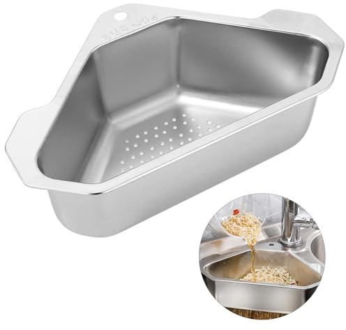 Cesta de Drenaje de Acero Inoxidable, Colador Fregadero de Cocina Cesta de Esquina, Fregadero Drenaje Triangular con Dos Ventosas, para filtrar residuos de Cocina y Lavar Verduras y Frutas