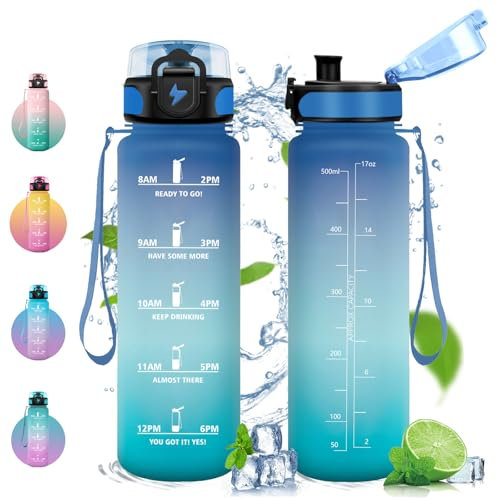 Vikastar Borraccia, 0.5l, Borraccia Sportiva, Borraccia Motivazionale, Senza BPA, Bottiglia Acqua per Sport, Fitness, Yoga, Scuola, Ufficio, Blu-Verde
