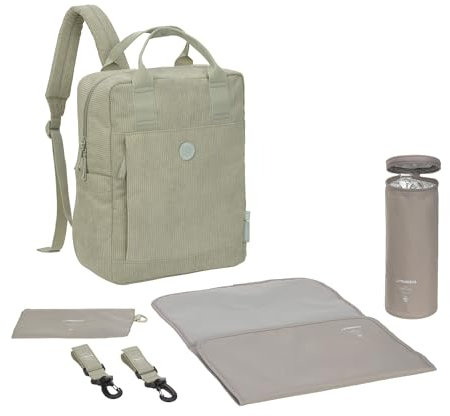 LÄSSIG Baby Wickelrucksack Wickeltasche Rucksack mit Wickelunterlage, Kinderwagenbefestigung, Flaschenhalter nachhaltig produziert/GRE Vividal Backpack cord light khaki