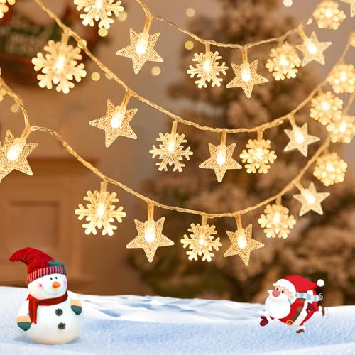 Aigostar 2.5m 25 LED Guirnaldas Luces Pilas Estrella y Copo de Nieve, 8 Modos Cadena de Luces Navidad, IP44 Impermeable con Temporizador para Interior y Exterior, Fiesta, Dormitorio (Blanco Cálido)