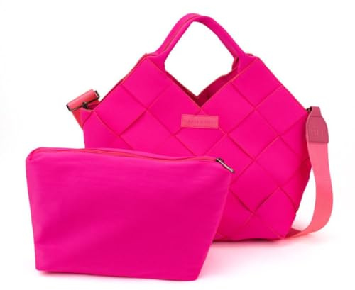Parker & Hyde Woven Tote Bag for Women - Crossbody Shoulder Handbag with Matching Pouch - Neon Pink