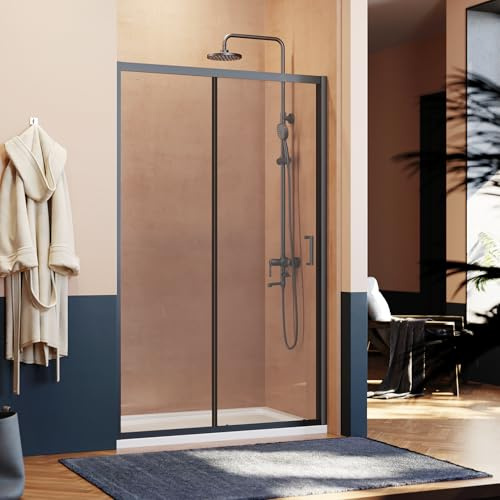 SUNXURY Porta scorrevole, 110 x 185 cm, porta per doccia a nicchia, porta scorrevole singola, in vetro di sicurezza da 5 mm, vetro temperato trasparente (ESG) per doccia, colore: nero
