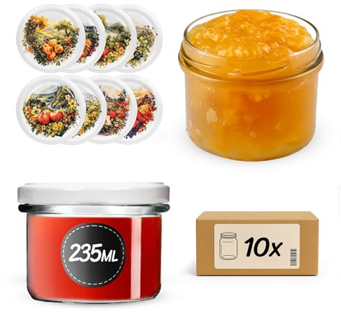 KADAX Tarros de conservas de 235 ml con tapa de rosca fi82 mm, pequeños tarros de mermelada con tapa, tarros de rosca para mermelada y miel, tarros de cristal (huerto, 10 unidades)
