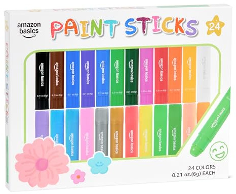 Amazon Basics Tempera Paint Sticks for Kids, Washable, Twist-Up, Fast Drying, Easy Clean Up, Multi-Surface, 24 Colours, Assorted