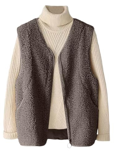 Generisch Gilet in pile da donna in pelliccia di agnello artificiale, capispalla, cappotto, casual, caldo, foderato in pile, giacca senza maniche, moda autunnale, alternativa, colletto alto, tasche