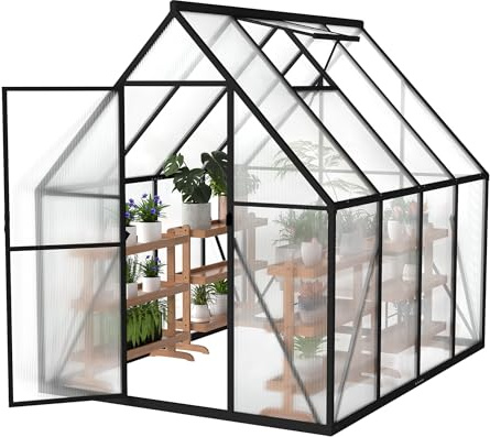 LARS360 Växthus aluminium, trädgårdsväxthus med fundament, 4 mm polykarbonat dubbla stegplattor, drivhus för trädgård, tomathus med takfönster, väderbeständigt växthus, 230 x 180 x 195 cm