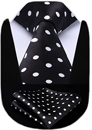 HISDERN Ensemble cravate et mouchoir de poche extra-longs a pois pour hommes (noir et blanc)