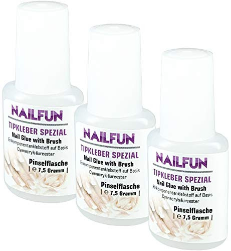 3er Set NAILFUN Tipkleber [3 x 7.5 Gramm] Nagelkleber Flasche mit Pinsel zum einfachen auftragen