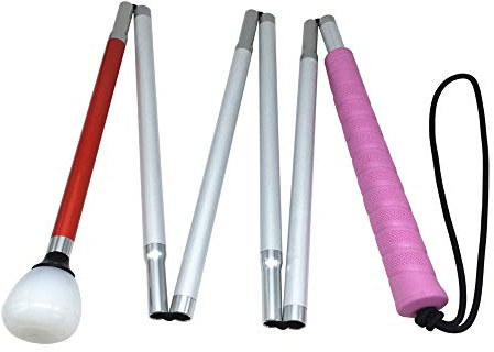 Aluminio Baston Blanco Plegable en 6 Secciones para Ciegos y Baja Vision (Mango de Rosado, 130 cm (51.2 Pulgada))