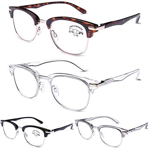DOOViC 4 Pack Blue Light Blocking Reading Glasses Fashion Classic Style Spring Hinge Computer Readers for Women Men 2.00